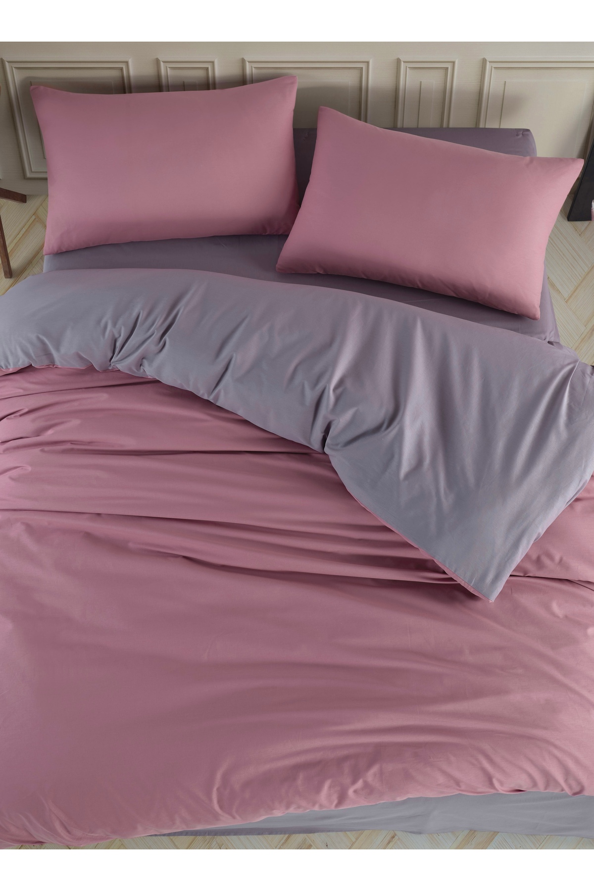 Ranforce 100% Cotton Double Duvet Cover Set Solid Color Pink-Grey