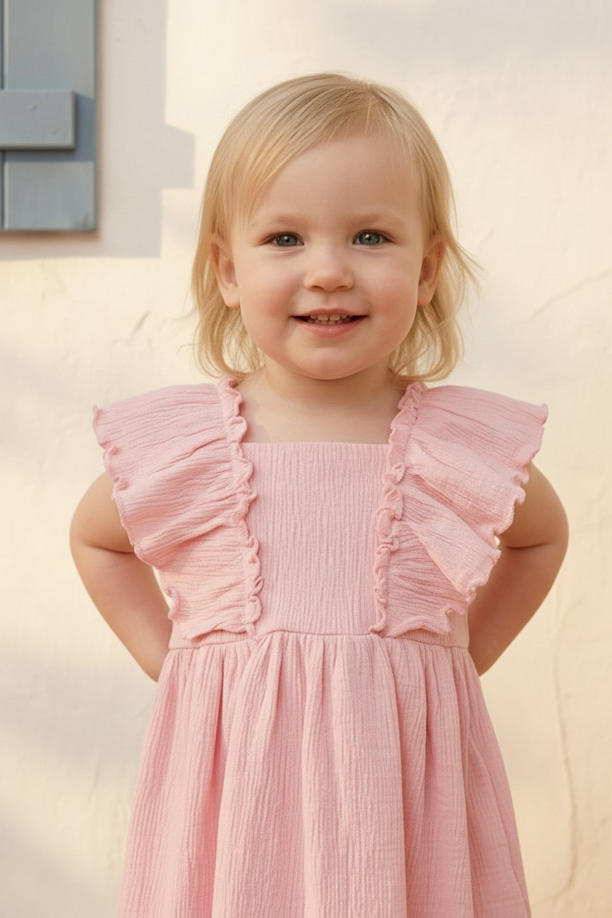 Minipodyum Kız Bebek Fırfır Detaylı Örme Müslin Yazlık Elbise fotoğrafı 3 (önizleme)