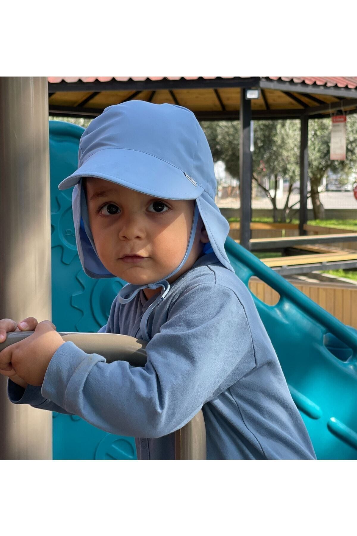 yorni Mavi, Ense Korumalı, Boyundan Bağlamalı, Lastikli Ayar Tokalı, Çocuk Bebek Güneş Şapka fotoğrafı 4 (önizleme)