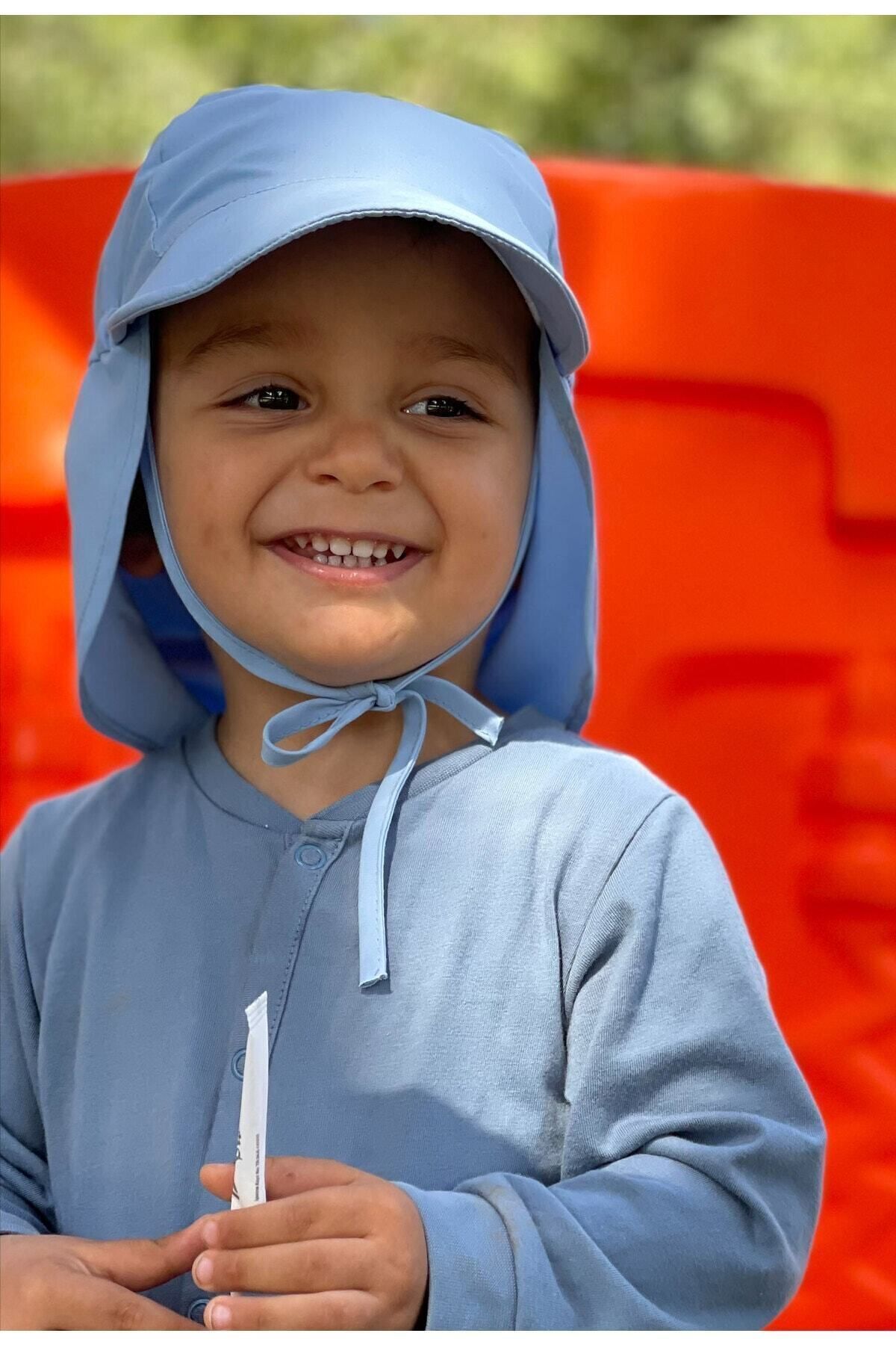 yorni Mavi, Ense Korumalı, Boyundan Bağlamalı, Lastikli Ayar Tokalı, Çocuk Bebek Güneş Şapka fotoğrafı 2 (önizleme)