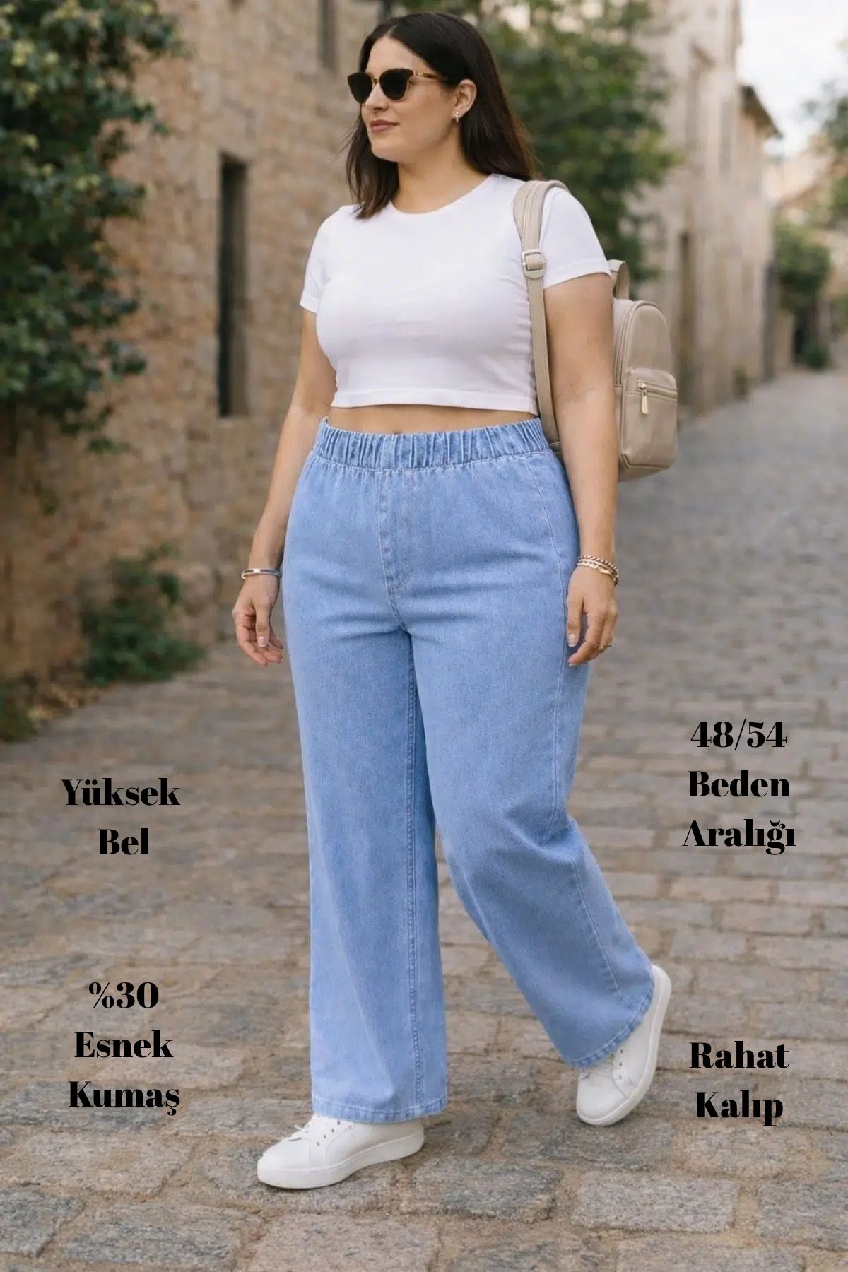 CEDY DENIM  - Büyük Beden Likralı Kumaş Cepsiz Beli Lastikli Palazzo Pantolon C642