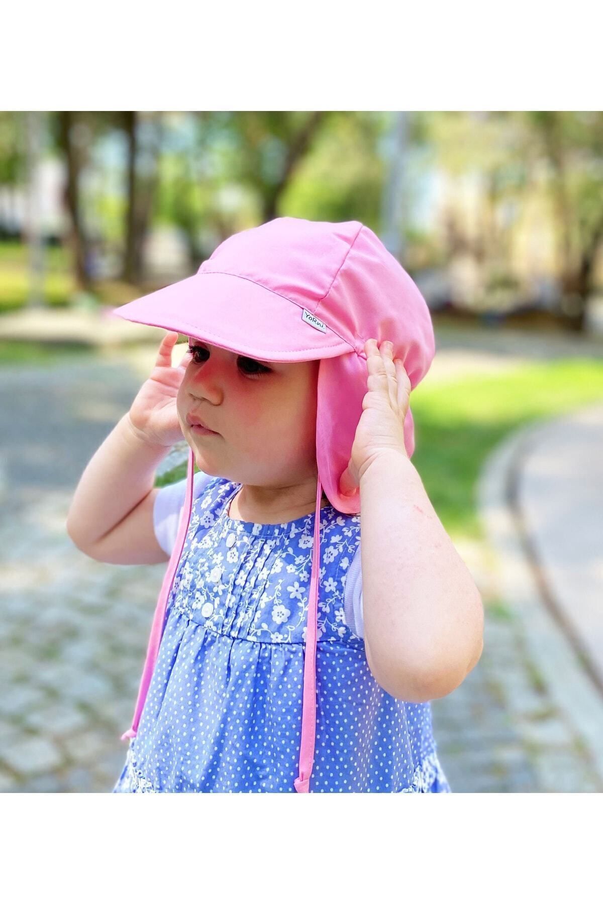 yorni Pembe, Ense Korumalı, Boyundan Bağlamalı, Lastikli Ayar Tokalı Çocuk Bebek Güneş Şapka fotoğrafı 4 (önizleme)