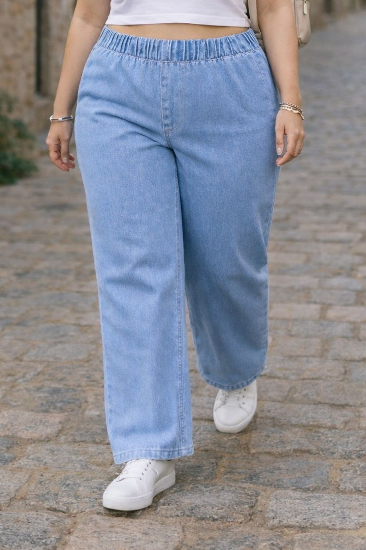 CEDY DENIM  - Büyük Beden Likralı Kumaş Cepsiz Beli Lastikli Palazzo Pantolon C642 - Görsel 8