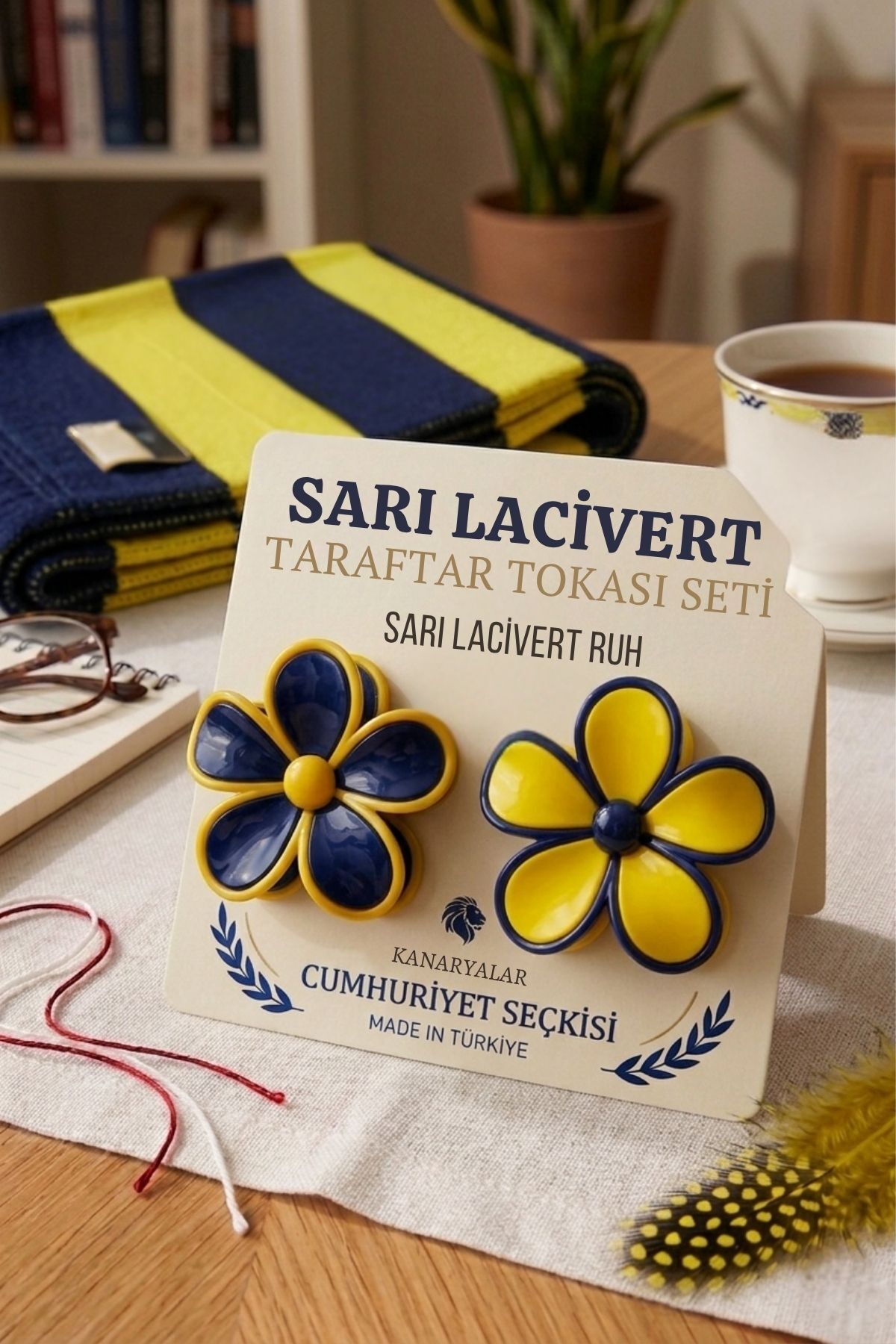 Monalisa Kadın Sarı Lacivert Papatya Toka 2’Lİ Büyük Boy 9 CM görsel 2