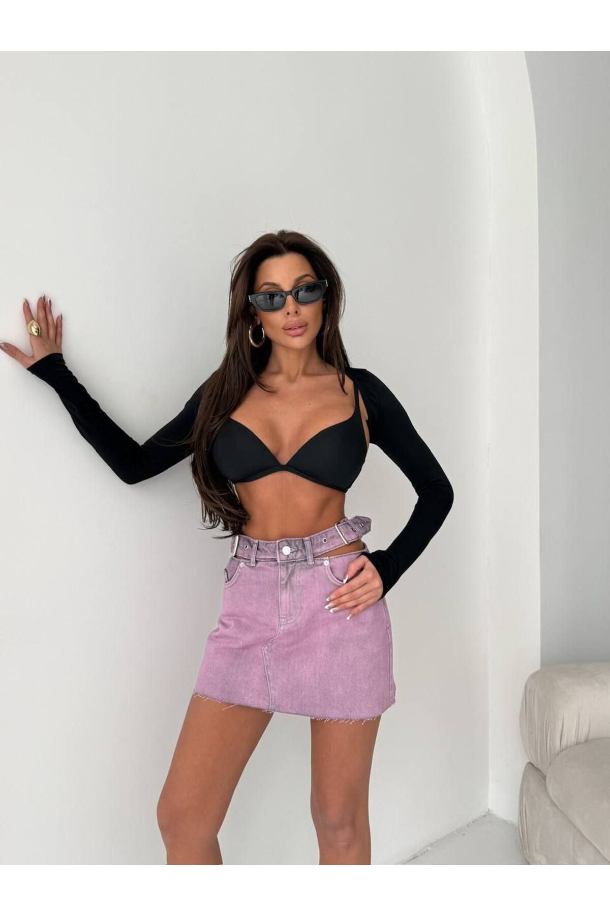 HerTon  Kadın Cut-Out Detaylı Kemerli Jean Mini Etek - Tasarım Denim Etek - Görsel 3