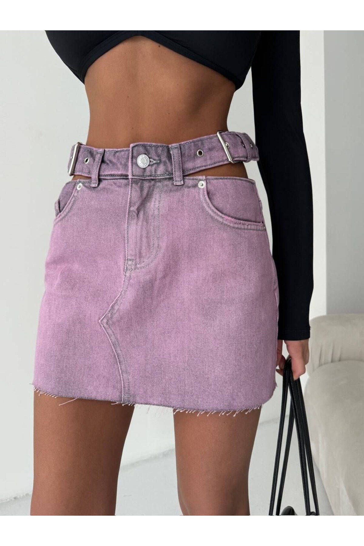 HerTon  Kadın Cut-Out Detaylı Kemerli Jean Mini Etek - Tasarım Denim Etek