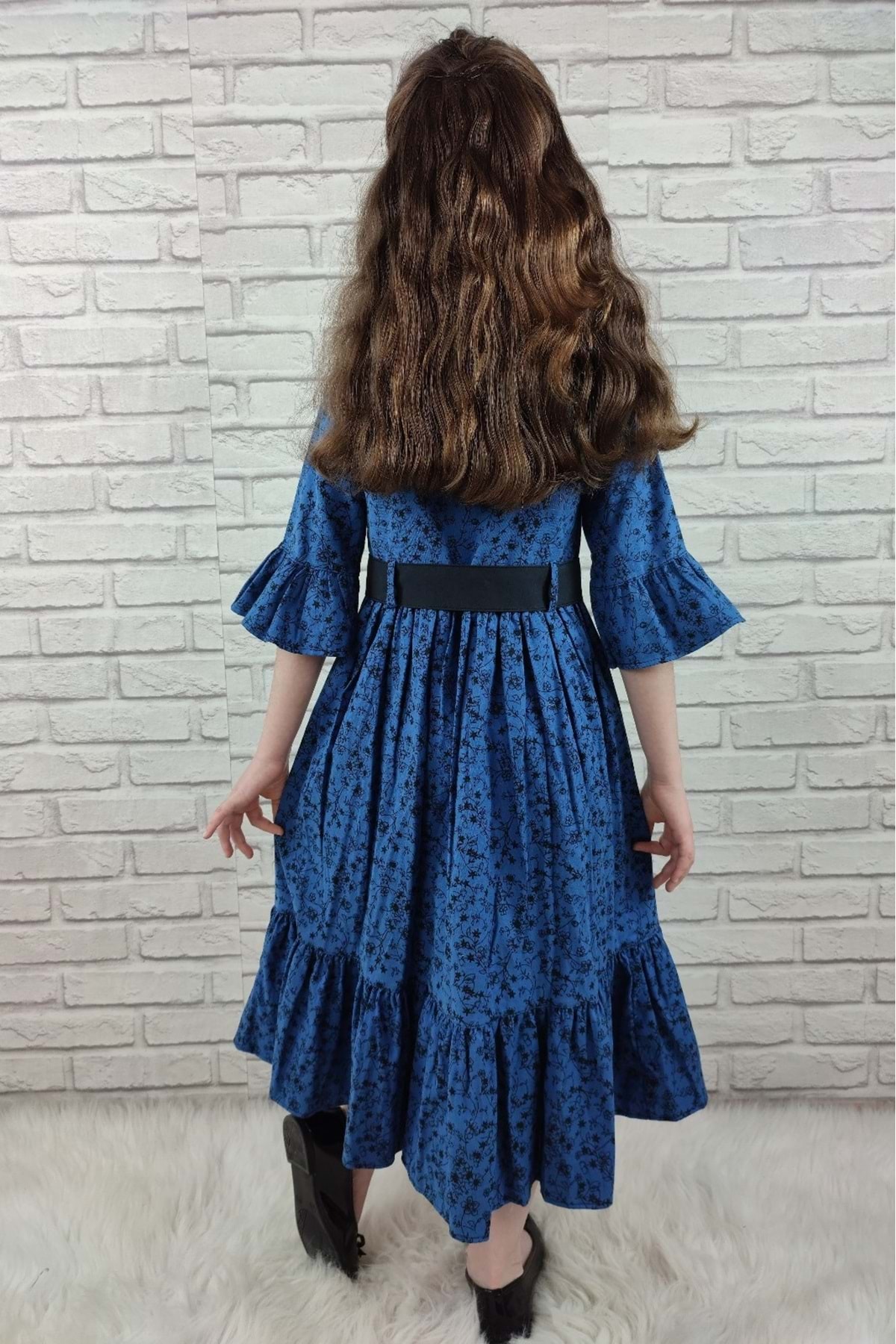 Mnk Vintage Basma Kız Çocuk Elbise MNK0299 MAVİ fotoğrafı 2 (önizleme)