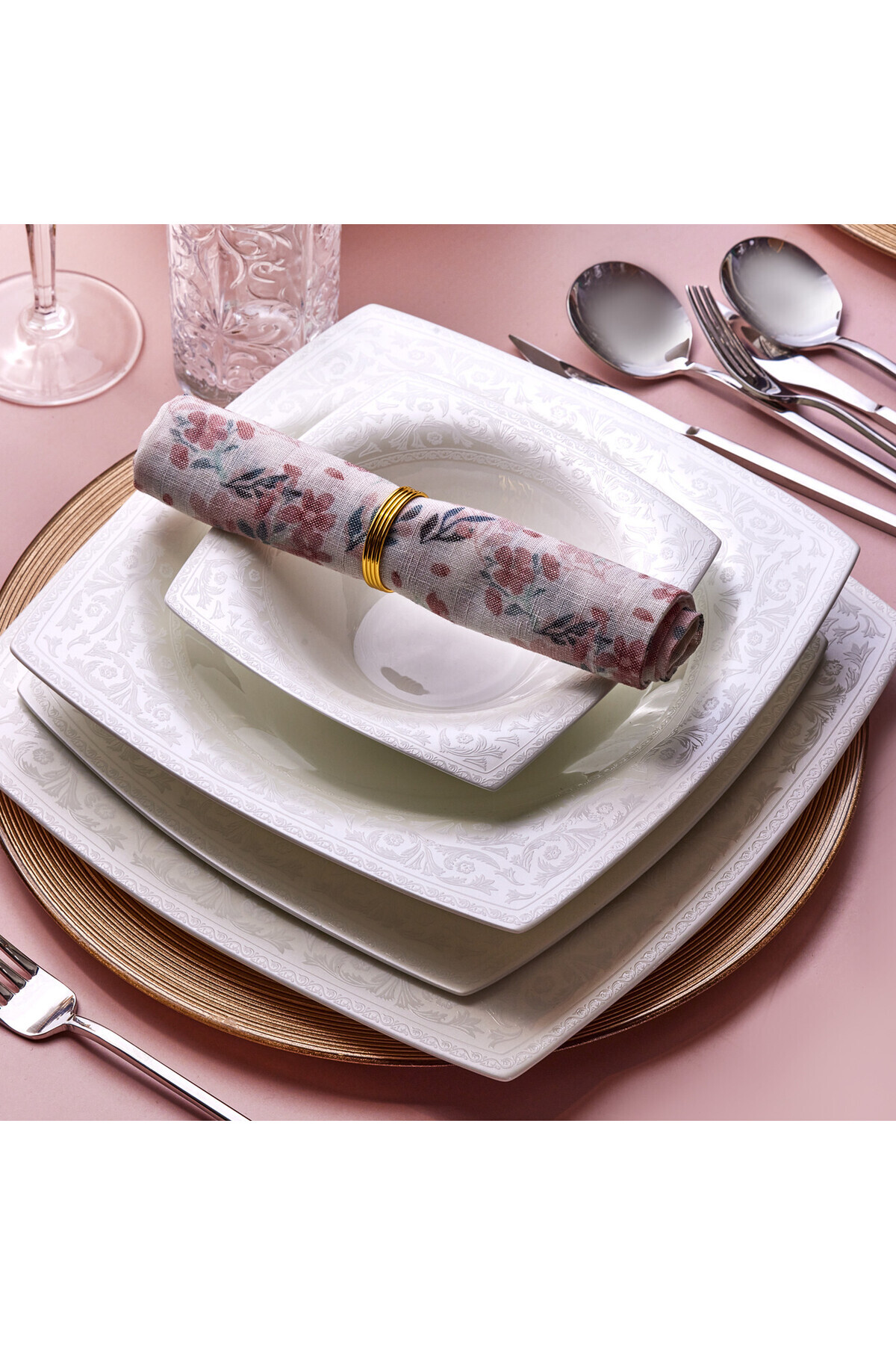 キラキラホワイトポケットサイスガラパイ Karaca Fine Pearl Roma 58 Parça 12 Kişilik Quadratisch - Set