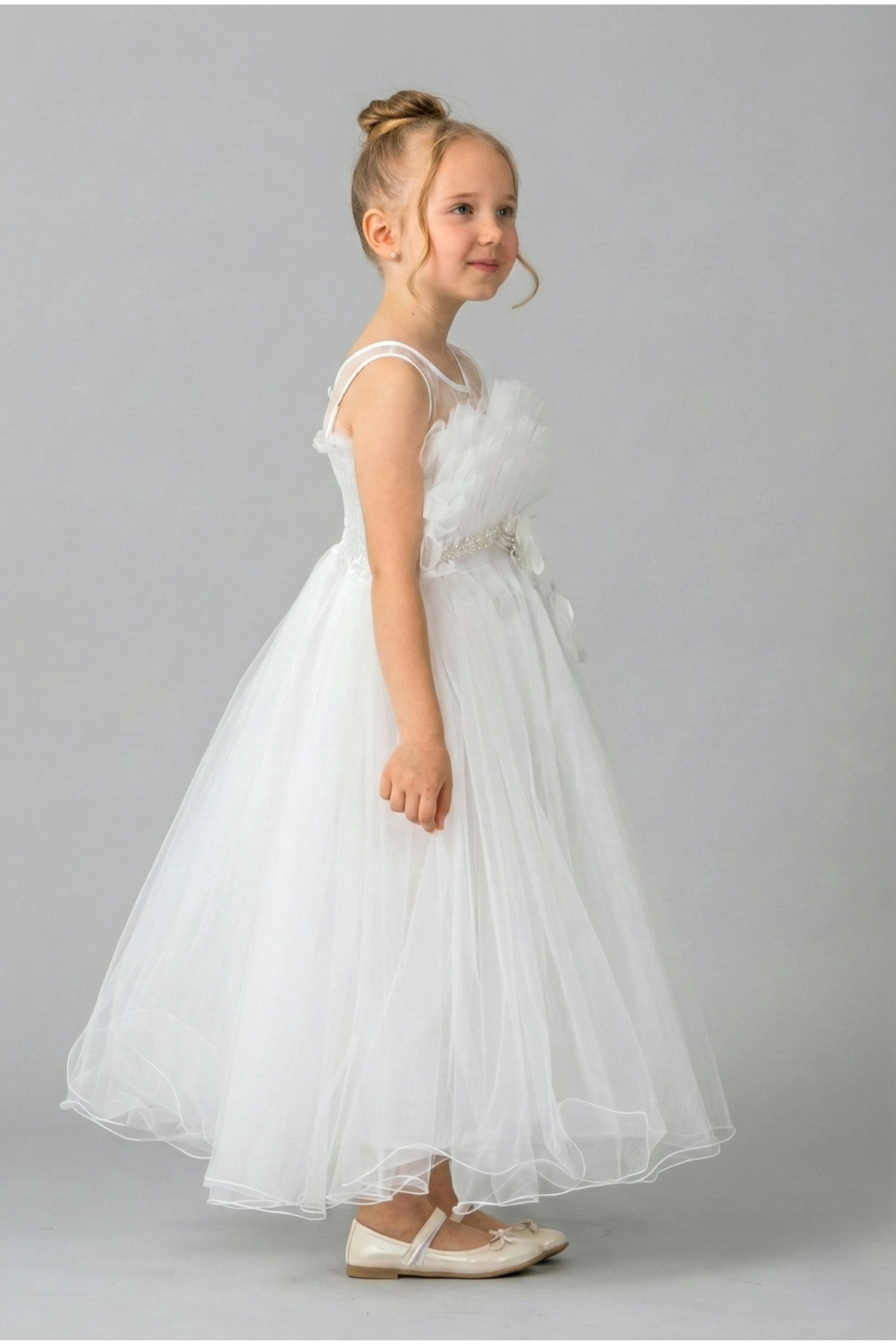 Mnk Baby&Kids Kız Çocuk Robası Katlı Özel Gün Abiye Elbise MNK0475 BEYAZ fotoğrafı 4 (önizleme)