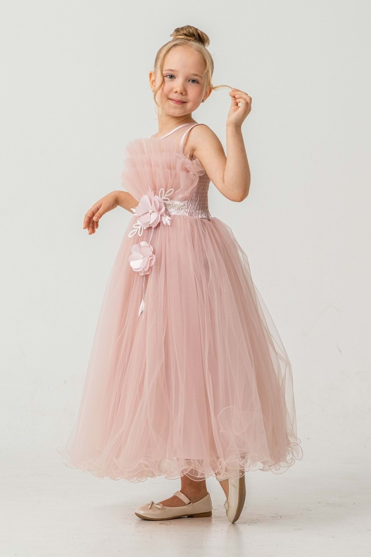 Mnk Baby&Kids Kız Çocuk Robası Katlı Özel Gün Abiye Elbise MNK0475 PUDRA fotoğrafı 4 (önizleme)