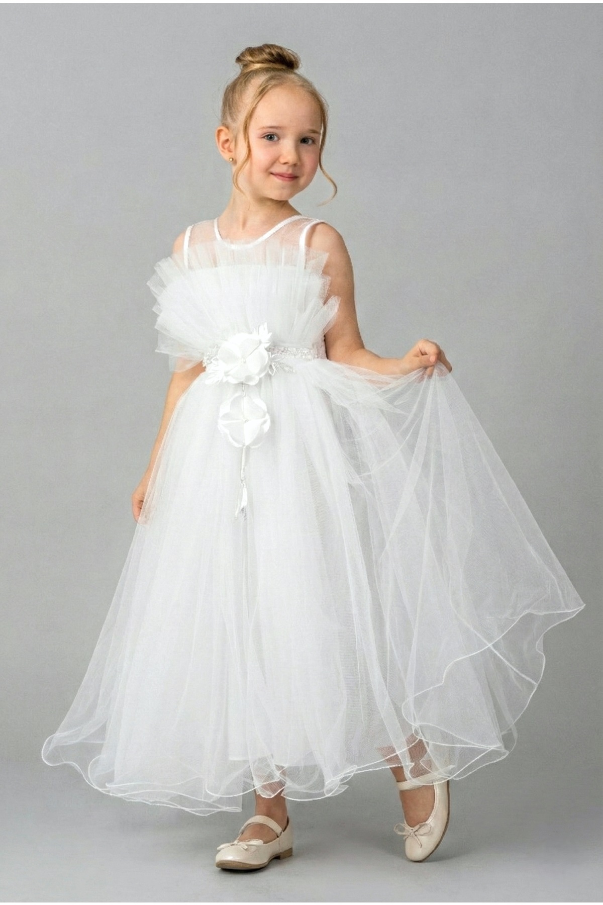 Mnk Baby&Kids Kız Çocuk Robası Katlı Özel Gün Abiye Elbise MNK0475 BEYAZ fotoğrafı 2 (önizleme)