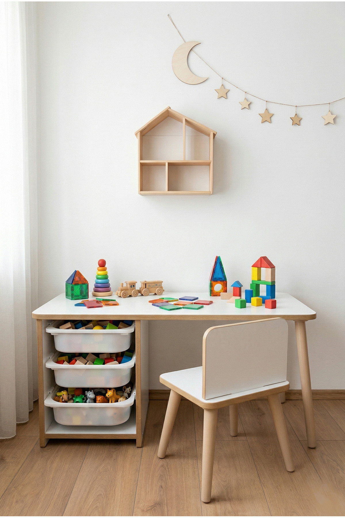 POFİTTO Çocuk Masa Sandalye Takımı 90x45 Cm 3 Sepetli Çocuk Çalışma Masası Aktivite Masası Yaz-sil fotoğrafı 5 (önizleme)