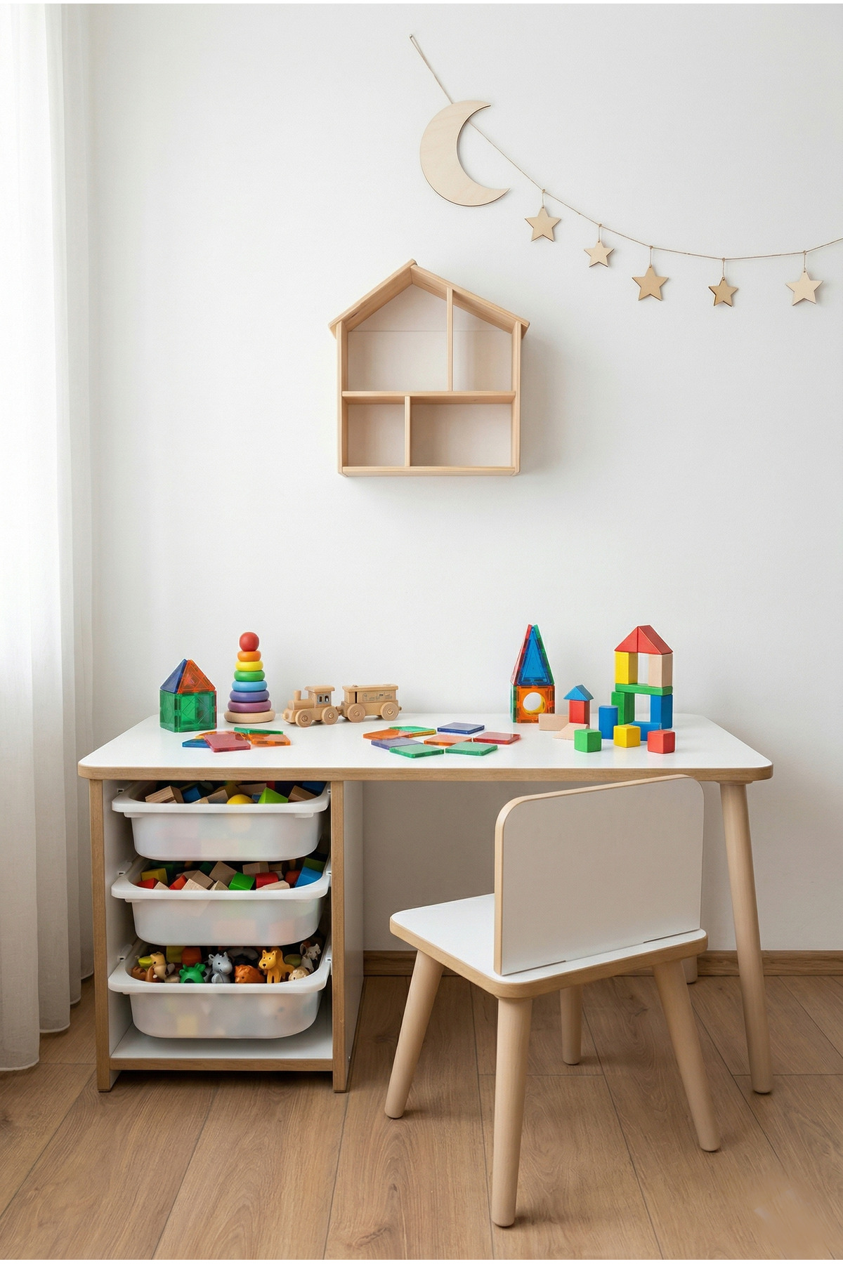POFİTTO Çocuk Masa Sandalye Takımı 90x45 Cm 3 Sepetli Çocuk Çalışma Masası Aktivite Masası Yaz-sil fotoğrafı 4 (önizleme)