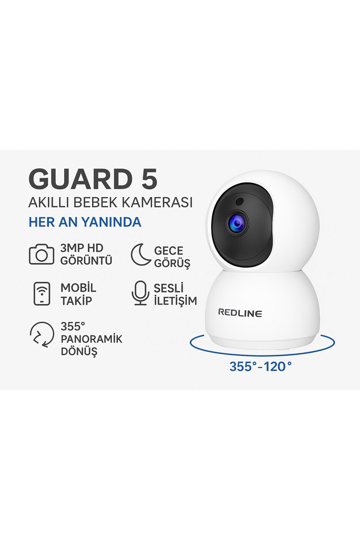 Redline Guard 5 Akıllı Bebek Kamerası |HD – Gece Görüş – Hareket Takibi – Mobil Erişim – 355° Dönüş fotoğrafı 2 (önizleme)