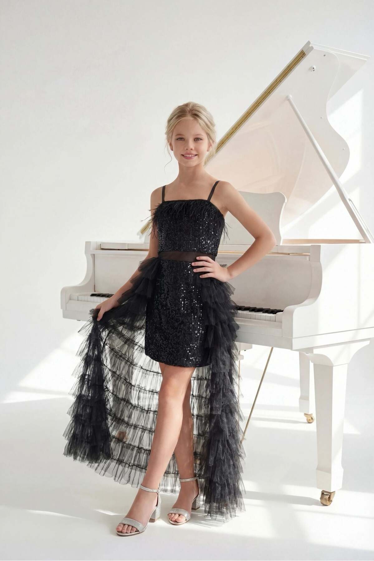 Girls Evening Dress Black Short Sequined Mini Skirts Tiered Evening Dress 8-16 Years