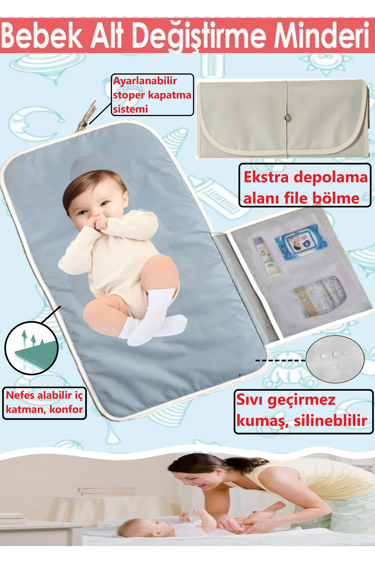 ALİTA TEXTILE Bebek Bakım Örtüsü, Bebek Alt Açma Minderi, Alt Değiştirme Matı, File Çanta Bölmeli, Sıvı geçirmez fotoğrafı 4 (önizleme)