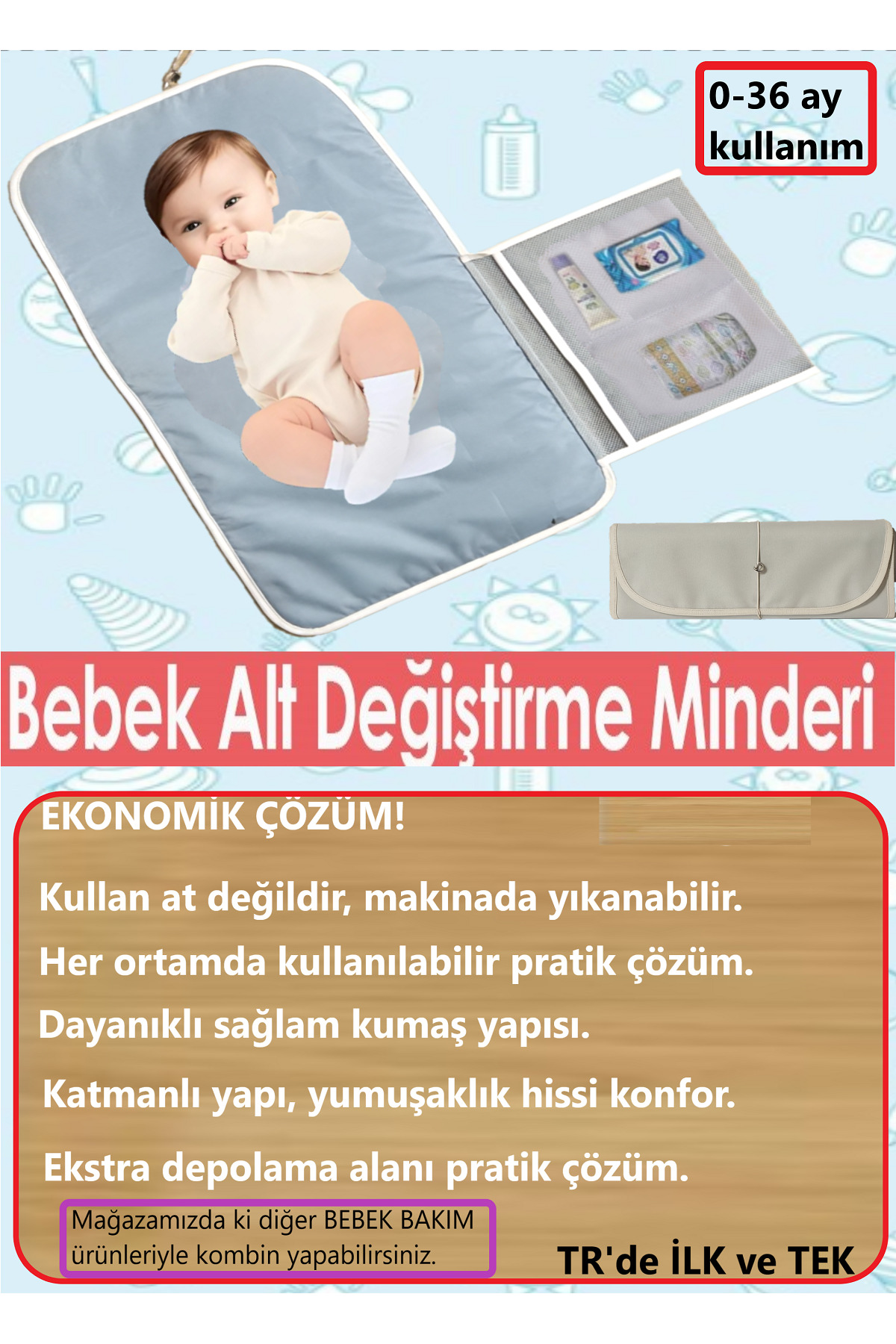 ALİTA TEXTILE Bebek Bakım Örtüsü, Bebek Alt Açma Minderi, Alt Değiştirme Matı, File Çanta Bölmeli, Sıvı geçirmez fotoğrafı 2 (önizleme)