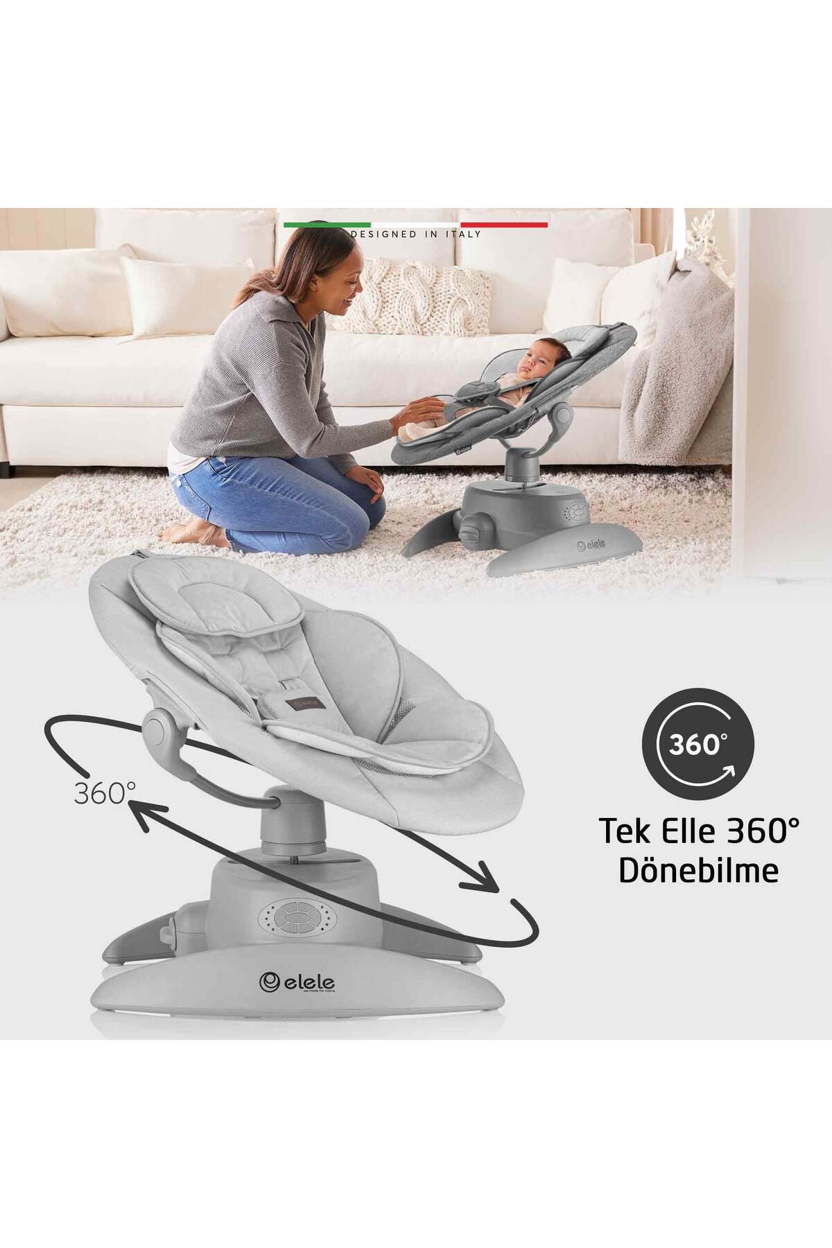 Elele Roma Lüks Elektrikli Otomatik Sallanan Ana Kucağı 360° Dönebilen Kademeli Gri fotoğrafı 2 (önizleme)