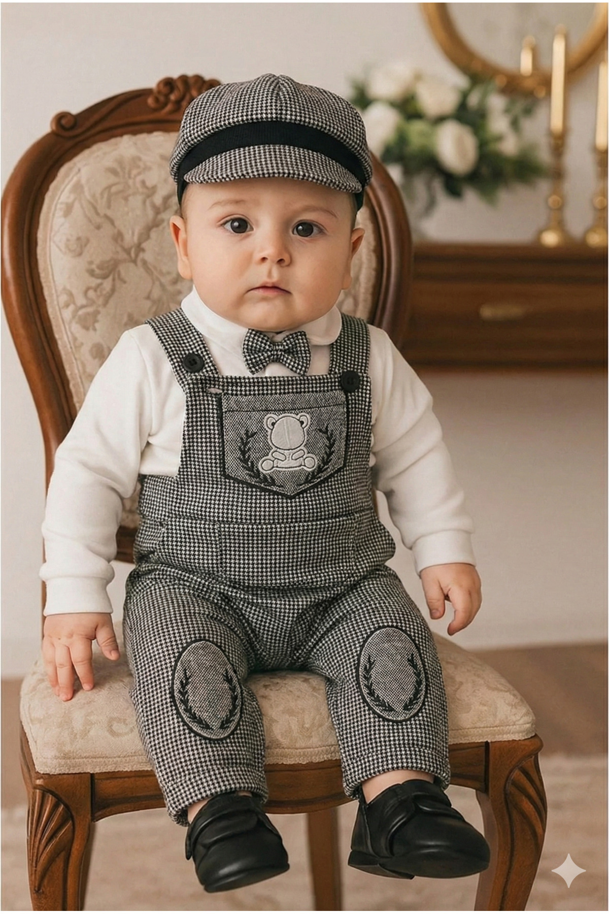 Murat Baby Papyonlu Şapkalı Pötikareli Gri Salopet Takım fotoğrafı 2 (önizleme)