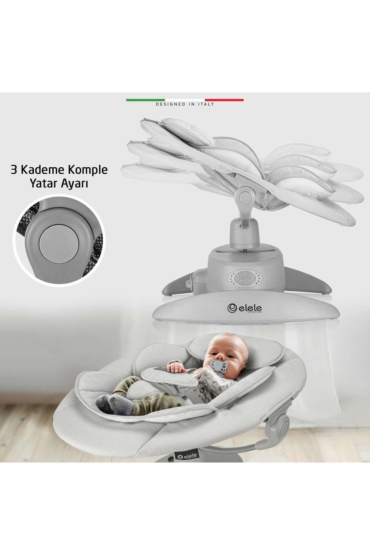Elele Roma Lüks Elektrikli Otomatik Sallanan Ana Kucağı 360° Dönebilen Kademeli Gri fotoğrafı 3 (önizleme)