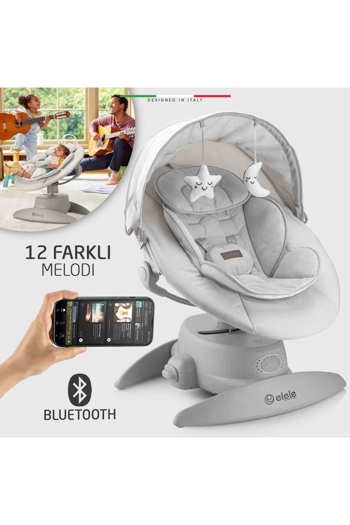 Elele Roma Lüks Elektrikli Otomatik Sallanan Ana Kucağı 360° Dönebilen Kademeli Gri fotoğrafı 6 (önizleme)