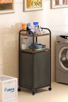 DEHALİMİTED 2 Raflı Frenli Tekerlekli Çamaşır Sepeti Banyo Dolabı Kirli Sepet...