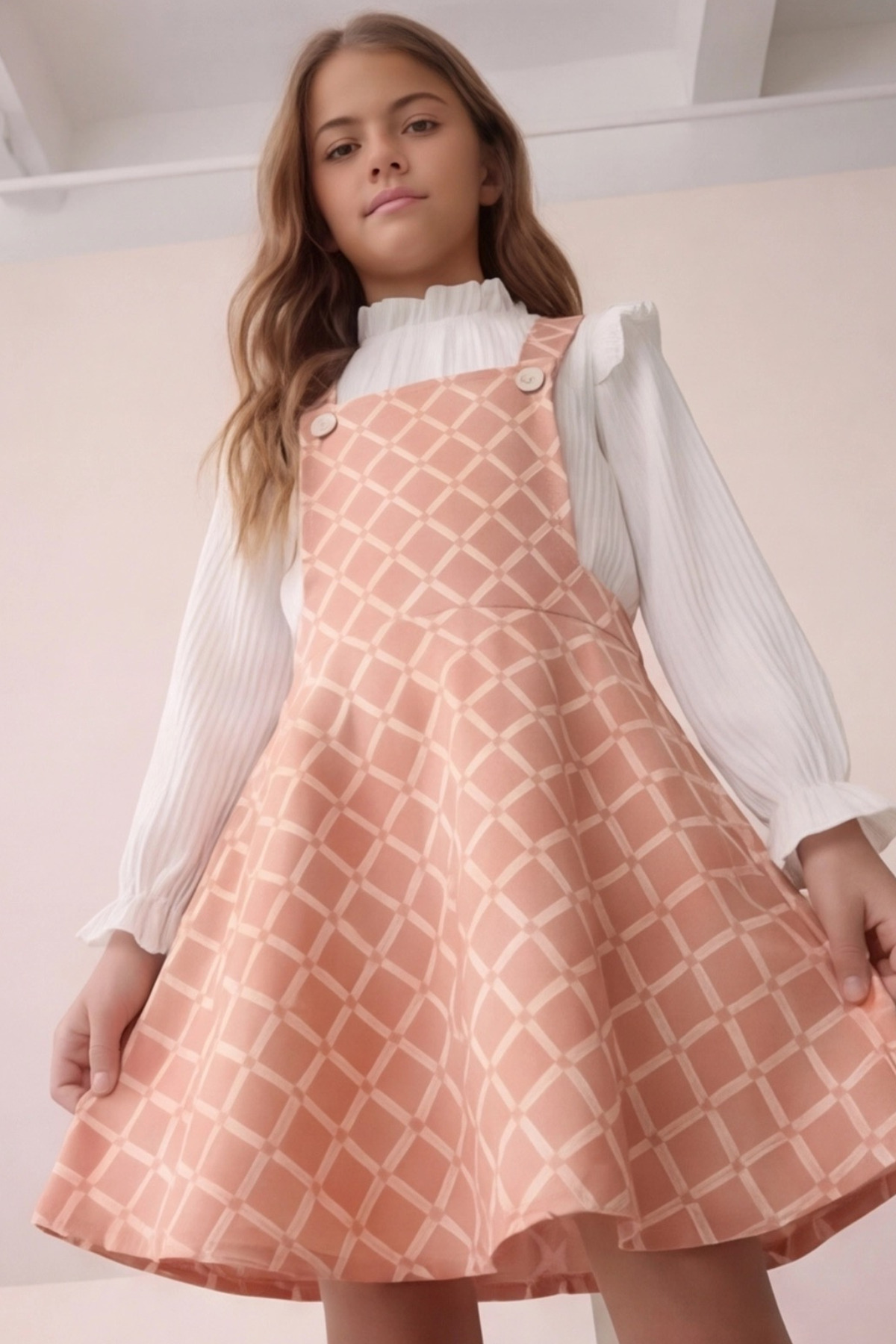 FESSHERA KİDS Kız Çocuk Baklava desen Salopet Jile ve Fitilli Bluz Takım - Fırfırlı 2'li Alt Üst Set fotoğrafı 5 (önizleme)