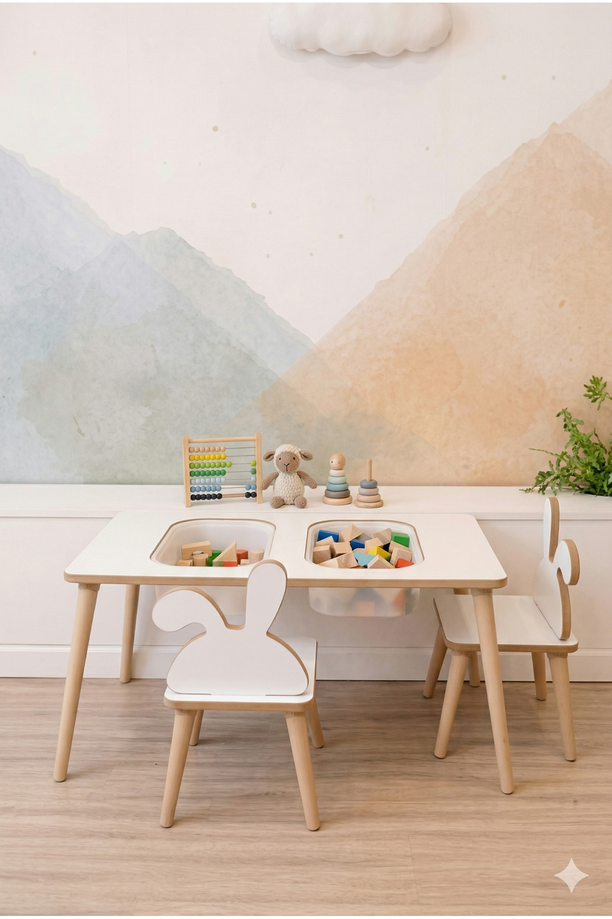 POFİTTO Montessori Çocuk Masası-oyun Masası-aktivite Masası-etkinlik Masası Takımı 2 Tavşan Sandalye fotoğrafı 2 (önizleme)