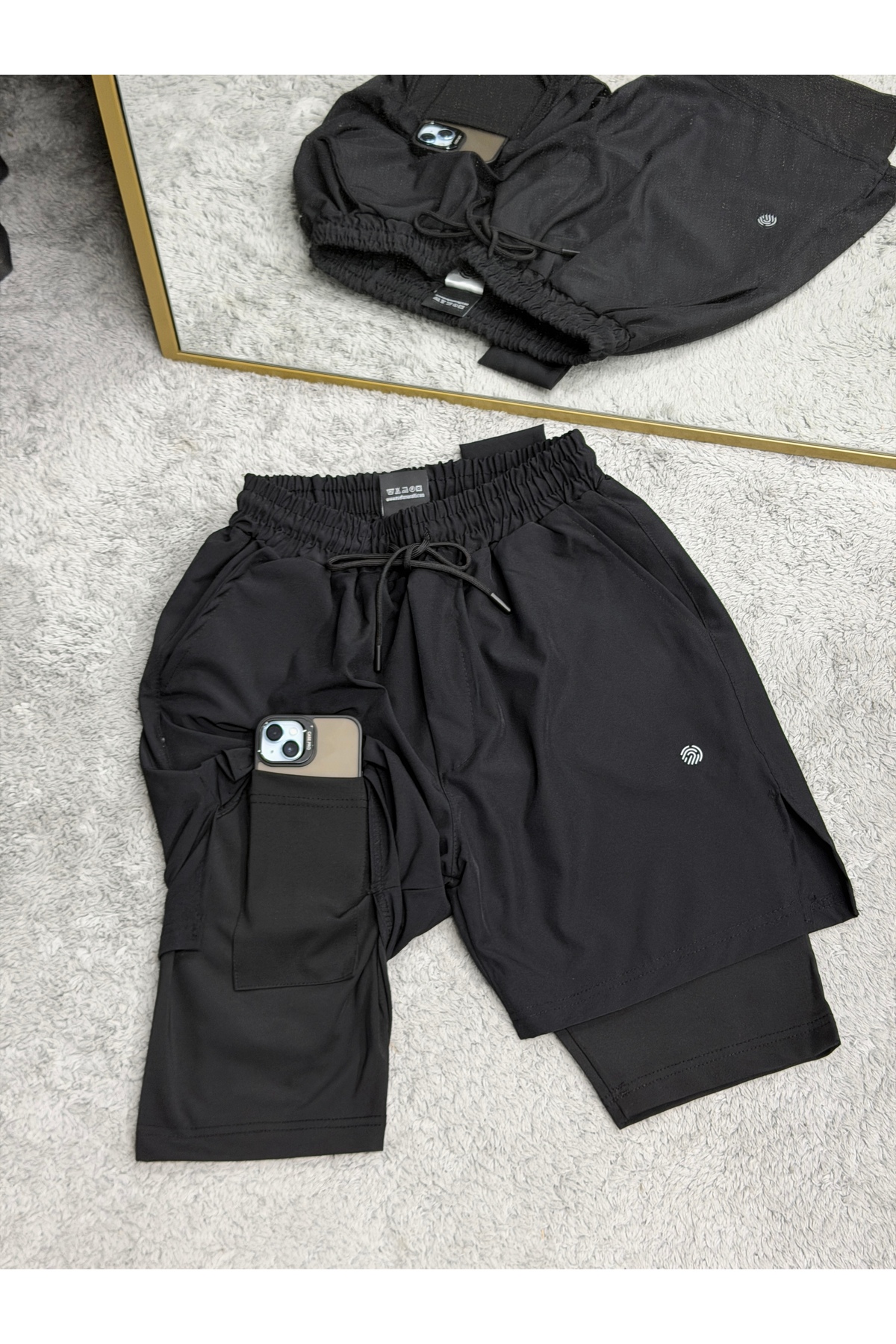 Demente  2 In 1 Şort telefon cep'li havluluk Gym Ve Fitness Astarlı Taytlı Şort - Görsel 4