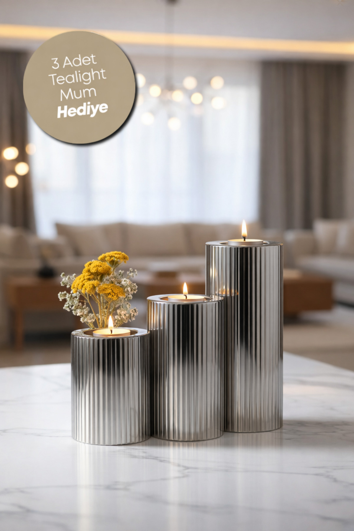 3-Piece Smoked Chrome Serrated Surface Candle Holder Decorative Tealight Set Candle Abs Plastic