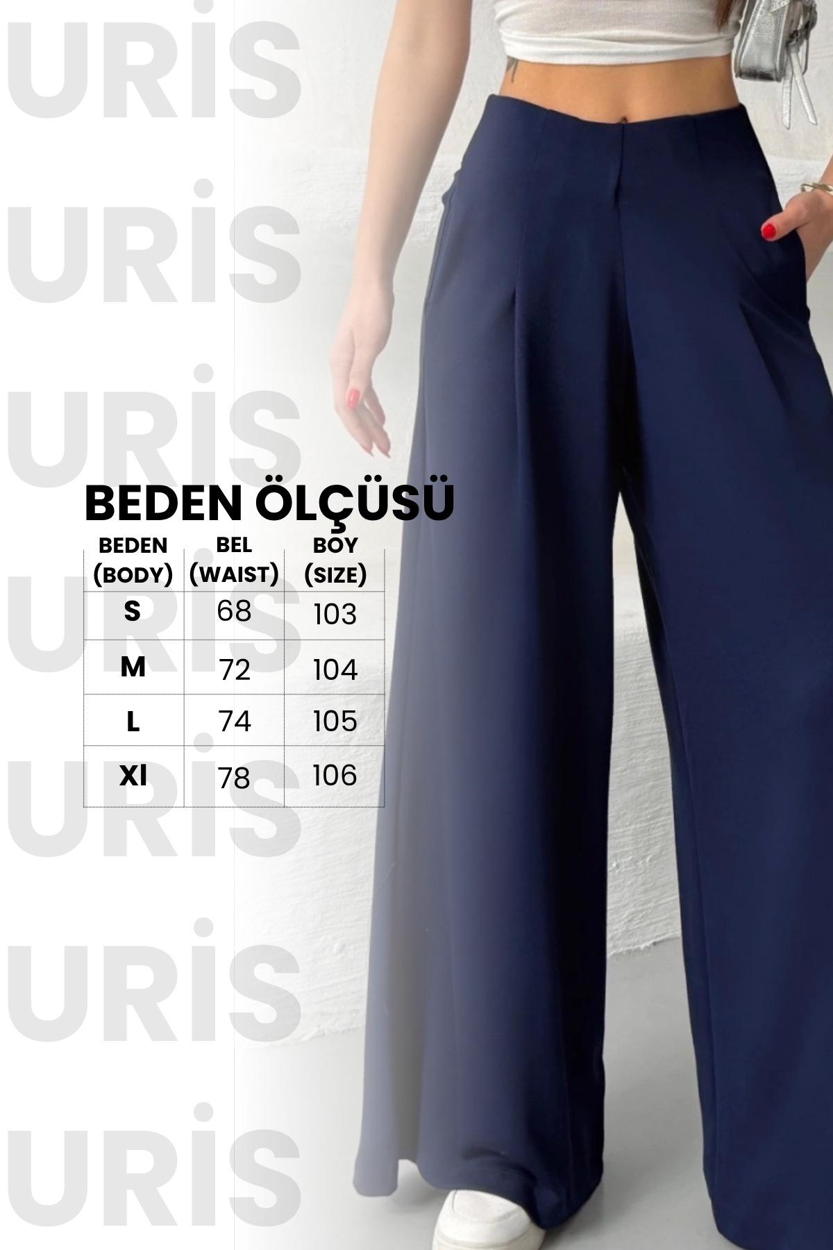 URİS  Kadın Lacivert Yüksek Bel Hareket Özgürlüğü Sunan Beli Lastikli Geniş Paça Pantolon - Görsel 4