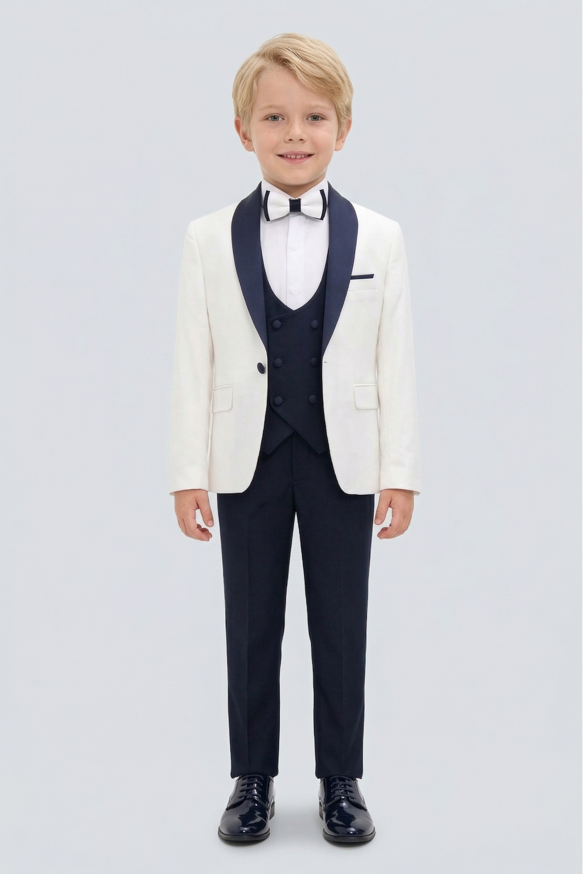 Doctor junior Boy's Vest Ecru Color Navy Blue Collar Detailed Tuxedo Suit
