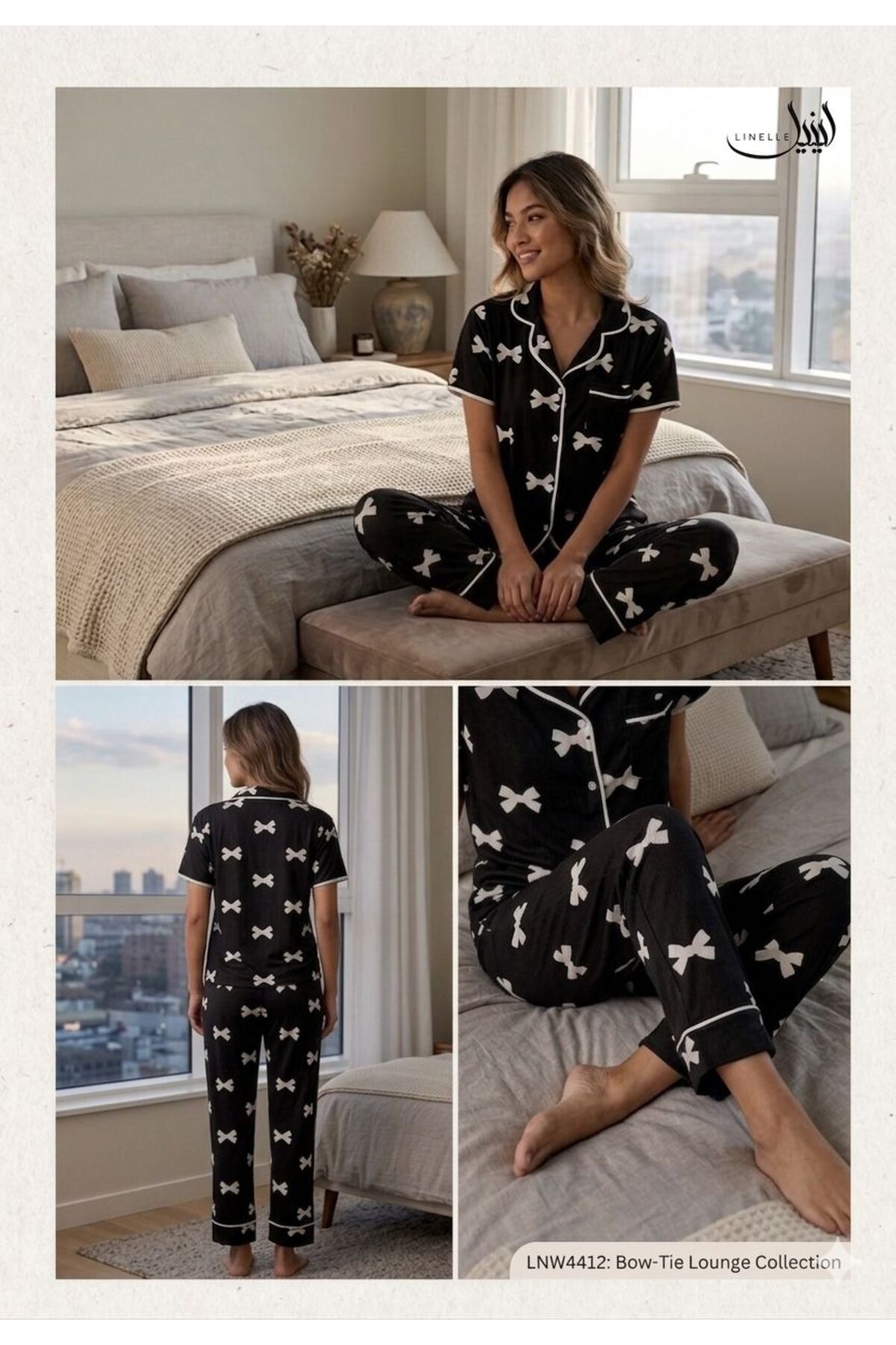 LINELLE 3-Piece Pyjama Set- Black and White Nightwear Set with Shirt, Pant an...