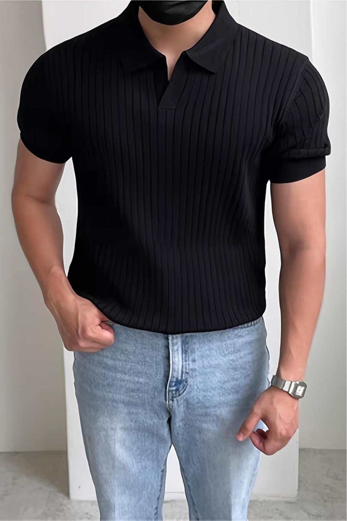 Lorens Striped Lycra Slim Fit Polo Neck Knitted Men's Knitwear T-Shirt