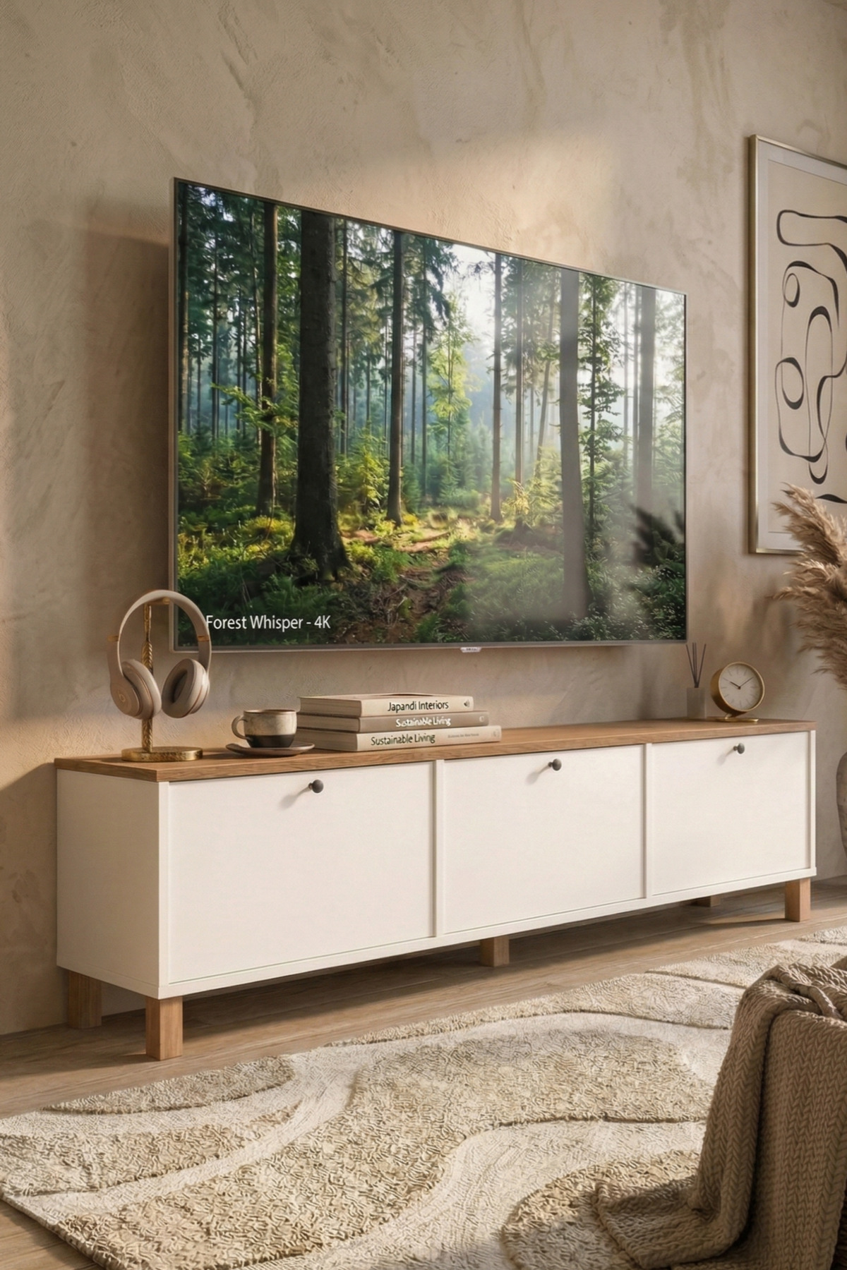 Nord Tv Unit Coffee Table 180cm Basket with 3 Lids and Wooden Legs -White ND6-SW