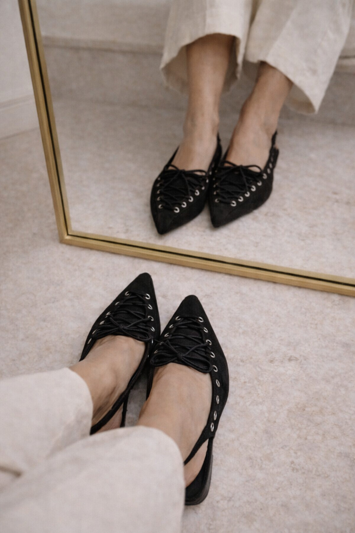 CİMİLİ SHOES Kadın Siyah Sivri Burun Bağcıklı Babet Günlük Ortopedik Tabanlı Ayakkabı görsel 8