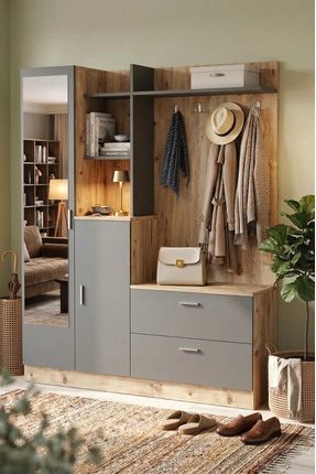 Yurudesign Wisdom Çam Antrasit Vestiyer Ayakkabılık Portmanto Aynalı Raf