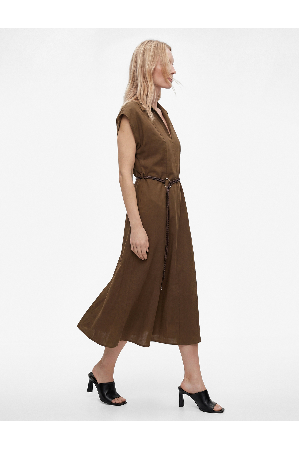 Koton  Kap Kol Kaçık Gömlek Yaka Kemerli Midi Elbise - Görsel 3