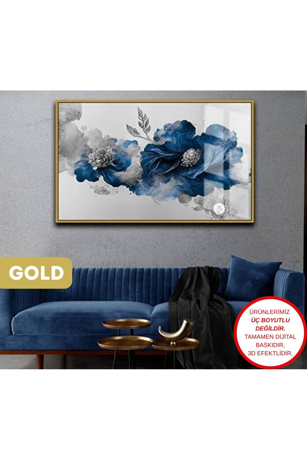 HARIKABIREV|BELOVED FLOWER TABLE 08 SILVER NAVY BLUE |FRAMED TEMPERED GLASS TABLE SINGLE HORIZONTAL