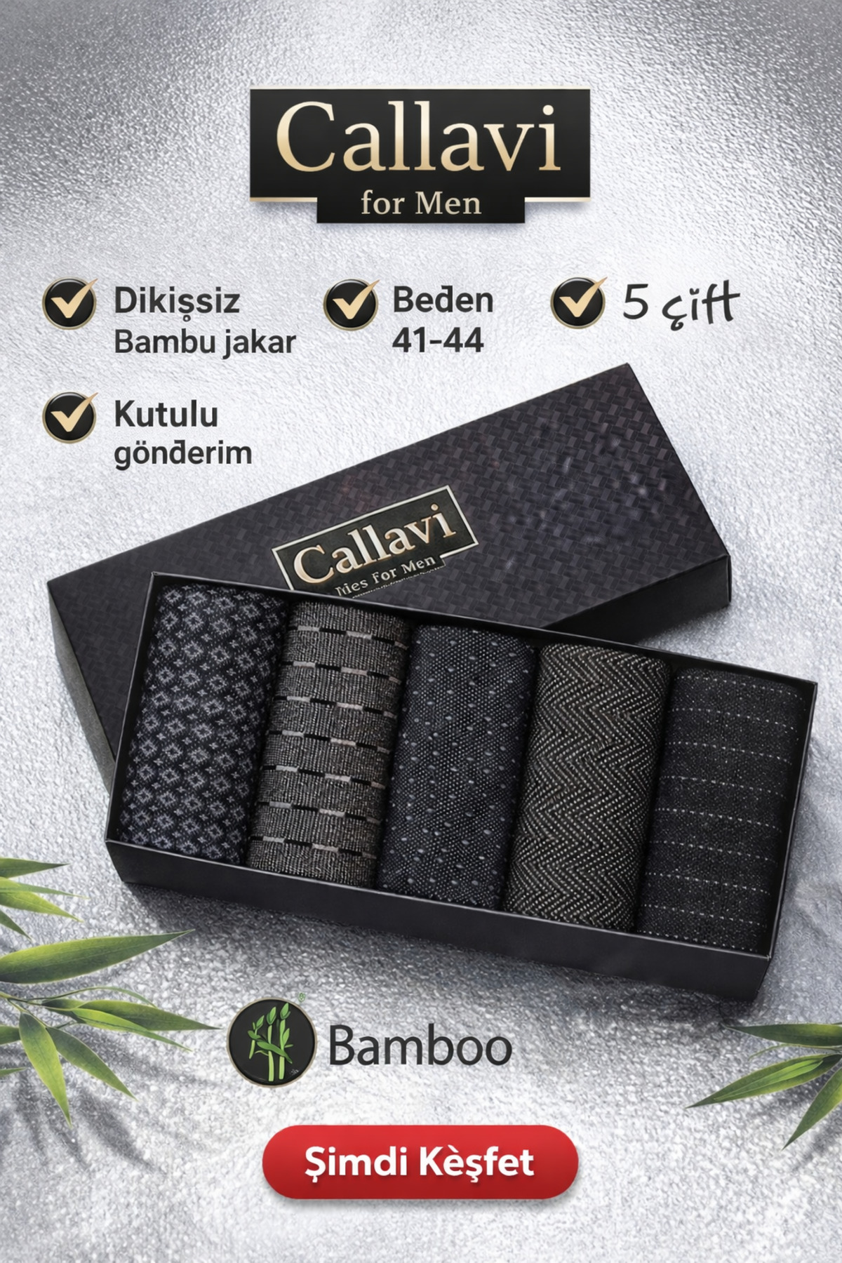 CALLAVI  Dikişsiz Bambu Jakarlı Erkek Kutulu 5 Çift