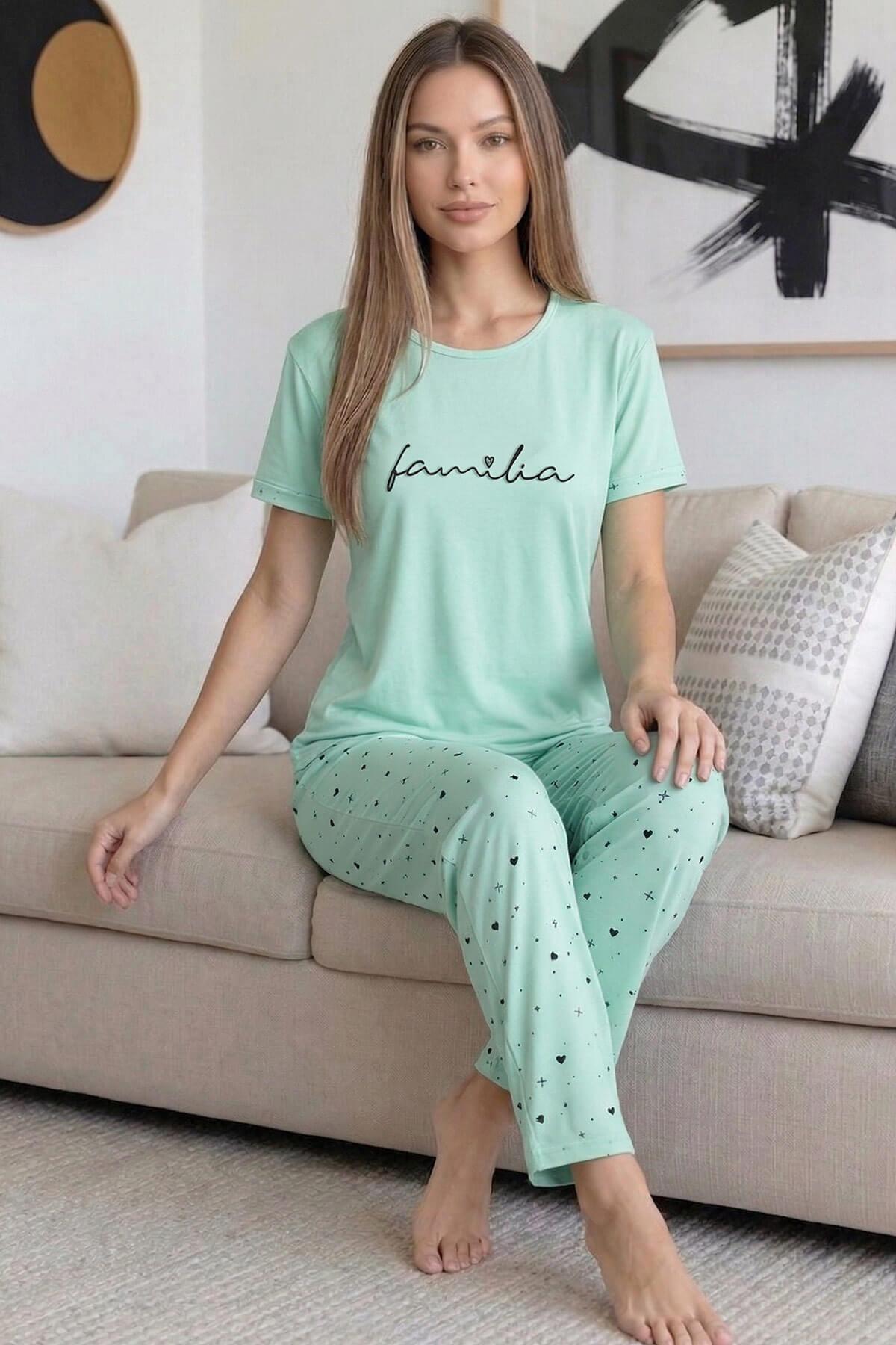 Pijamaevi Mint Familia Desenli Bambu Kısa Kol Kadın Pijama Takımı görsel 4