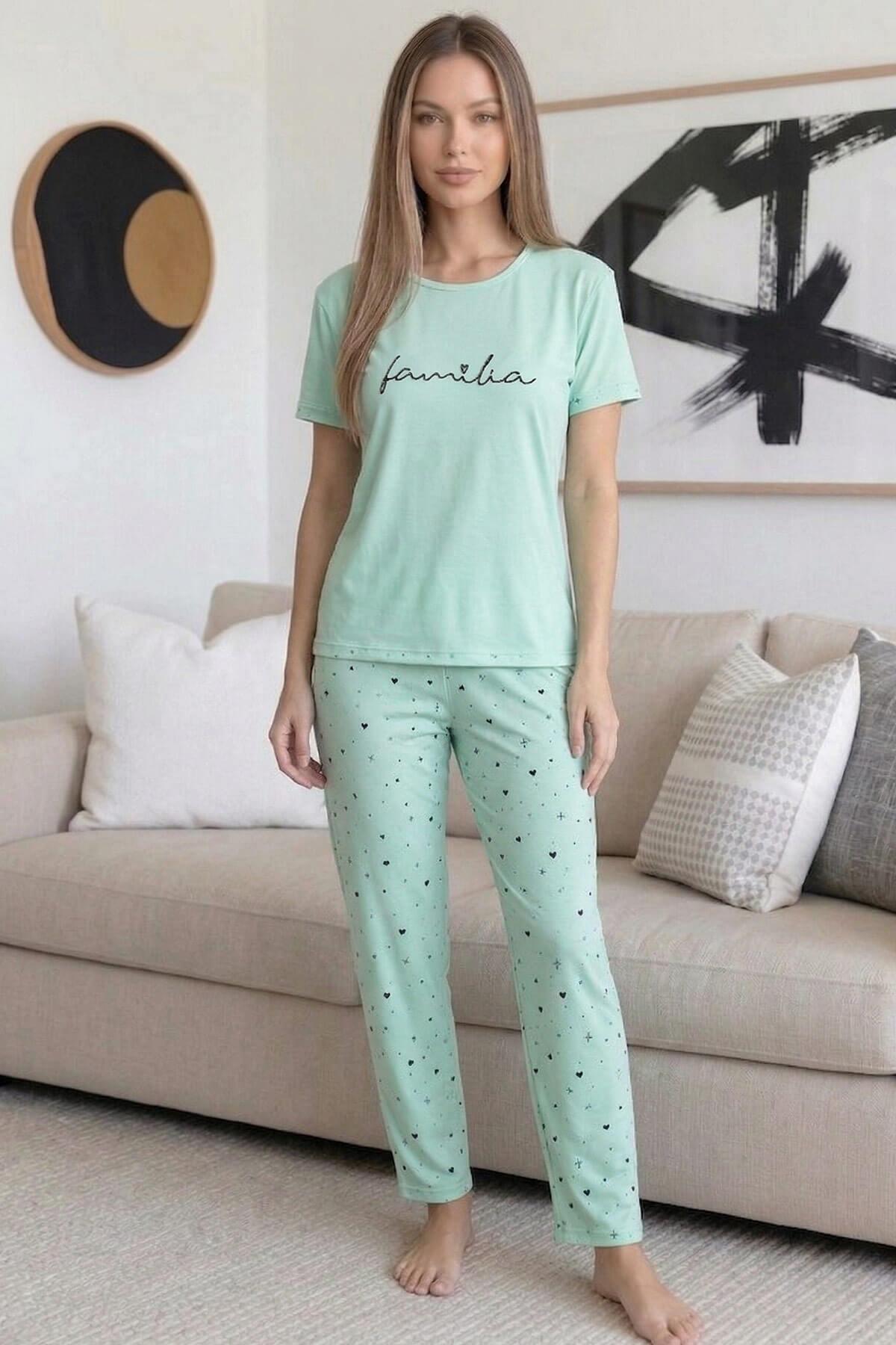 Pijamaevi Mint Familia Desenli Bambu Kısa Kol Kadın Pijama Takımı görsel 6