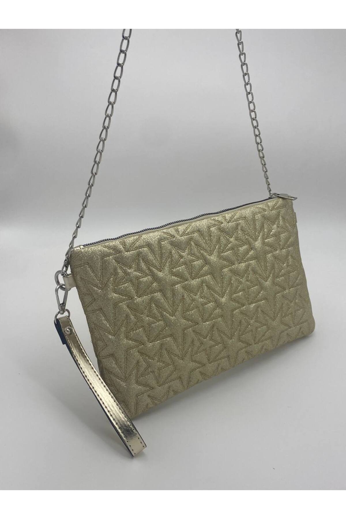 Altın Yıldız Desenli Portföy & Clutch Kadın Çantası Çıkaralabilir Bilek Askılı 30 x 19 cm görünüm 6