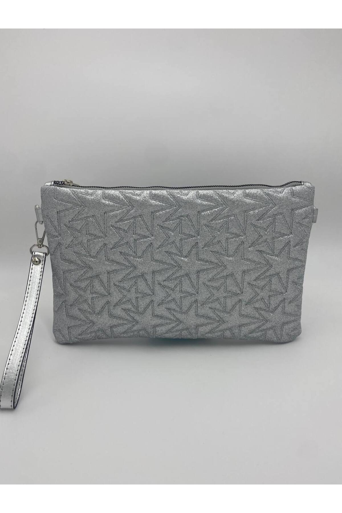 Gümüş Yıldız Desenli Portföy & Clutch Kadın Çantası Çıkaralabilir Bilek Askılı 30 x 19 cm