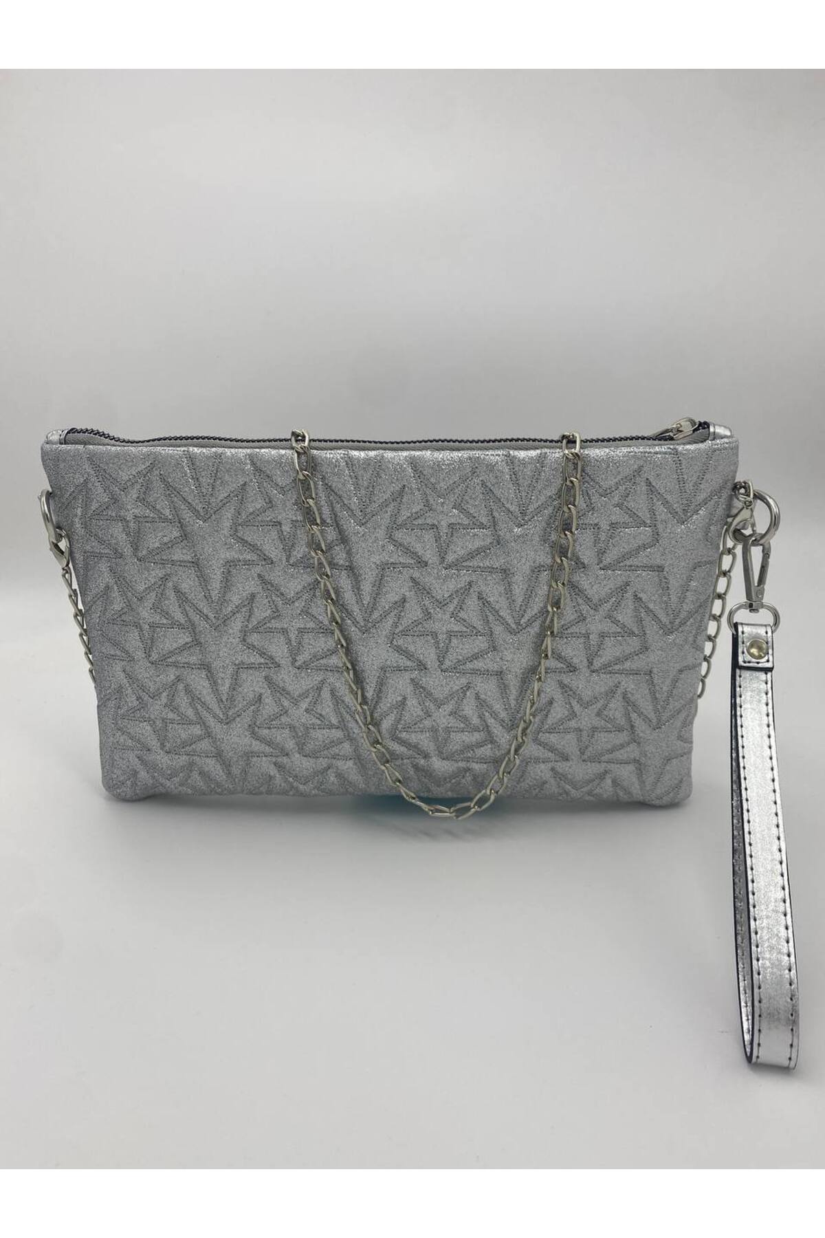 Gümüş Yıldız Desenli Portföy & Clutch Kadın Çantası Çıkaralabilir Bilek Askılı 30 x 19 cm görünüm 5