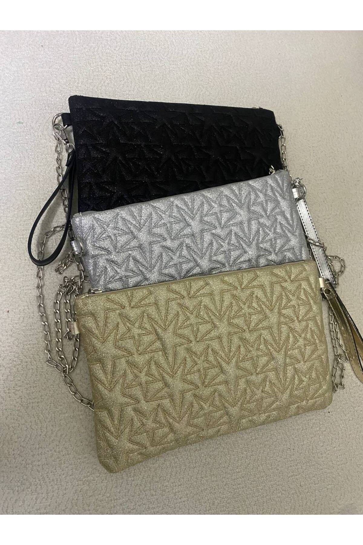 Gümüş Yıldız Desenli Portföy & Clutch Kadın Çantası Çıkaralabilir Bilek Askılı 30 x 19 cm görünüm 6