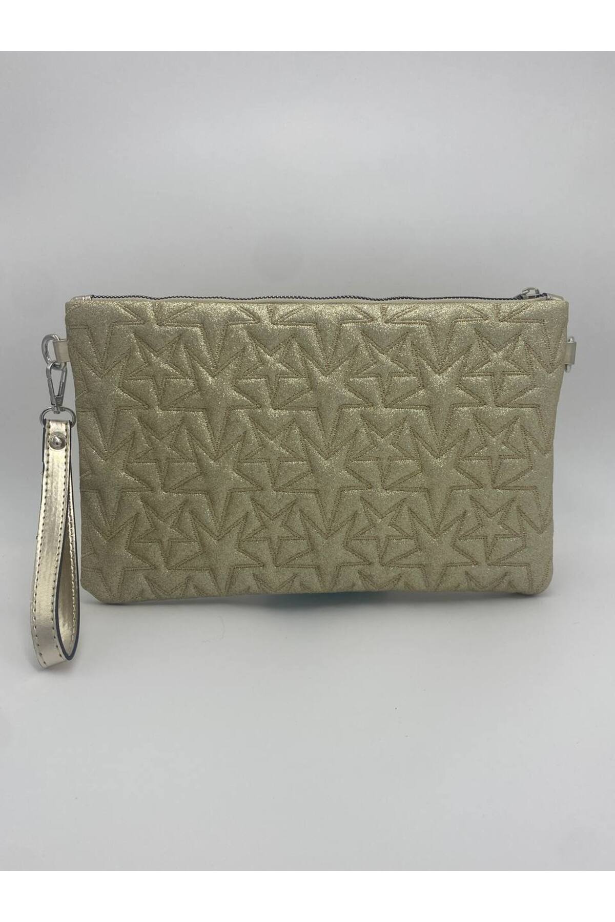 Altın Yıldız Desenli Portföy & Clutch Kadın Çantası Çıkaralabilir Bilek Askılı 30 x 19 cm