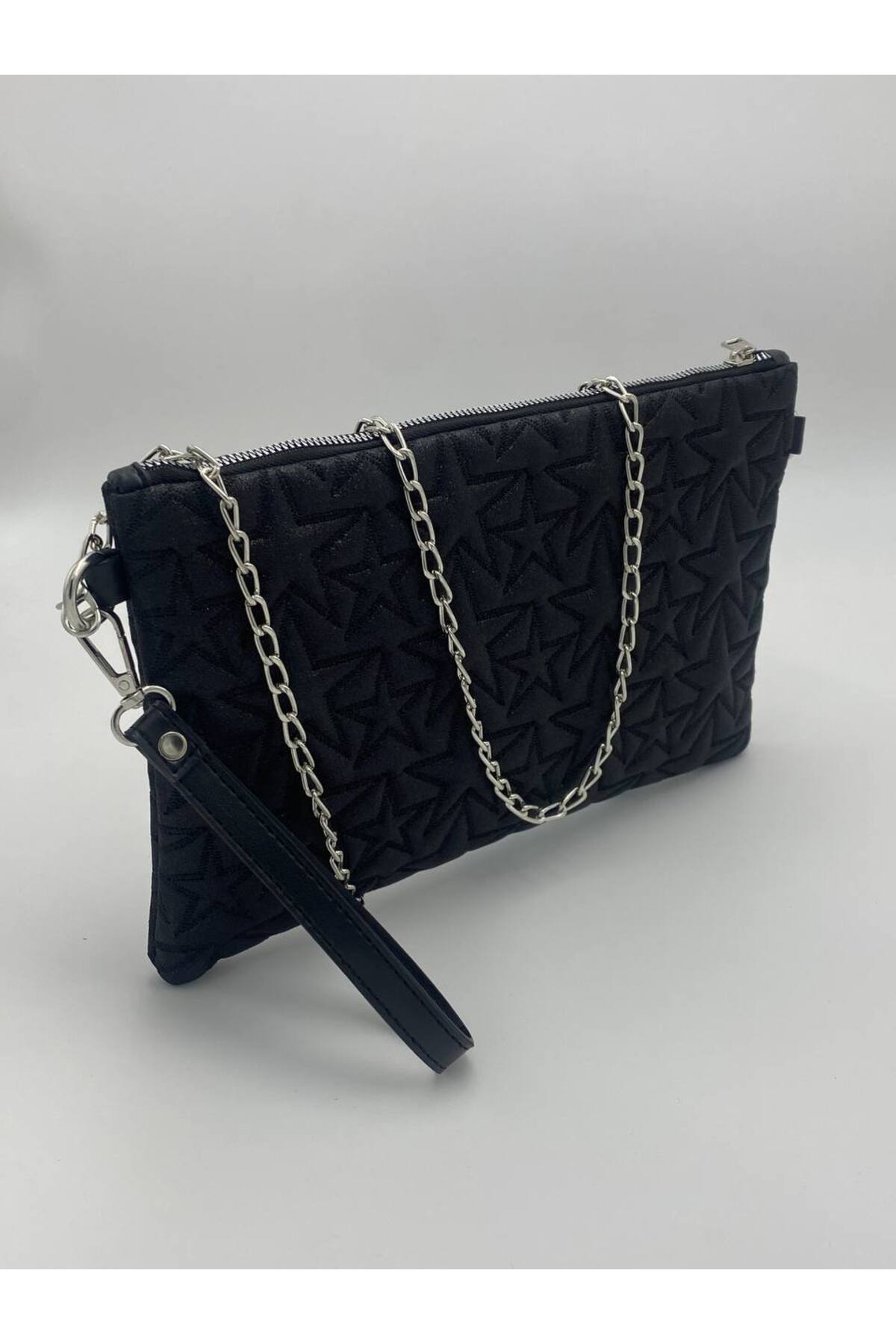 Siyah Yıldız Desenli Portföy & Clutch Kadın Çantası Çıkaralabilir Bilek Askılı 30 x 19 cm görünüm 6