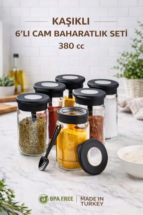 GENCHOME HOMEWARE 6’lı Cam Baharatlık Seti 380 ml Kaşıklı Hava Geçirmez Kapak...