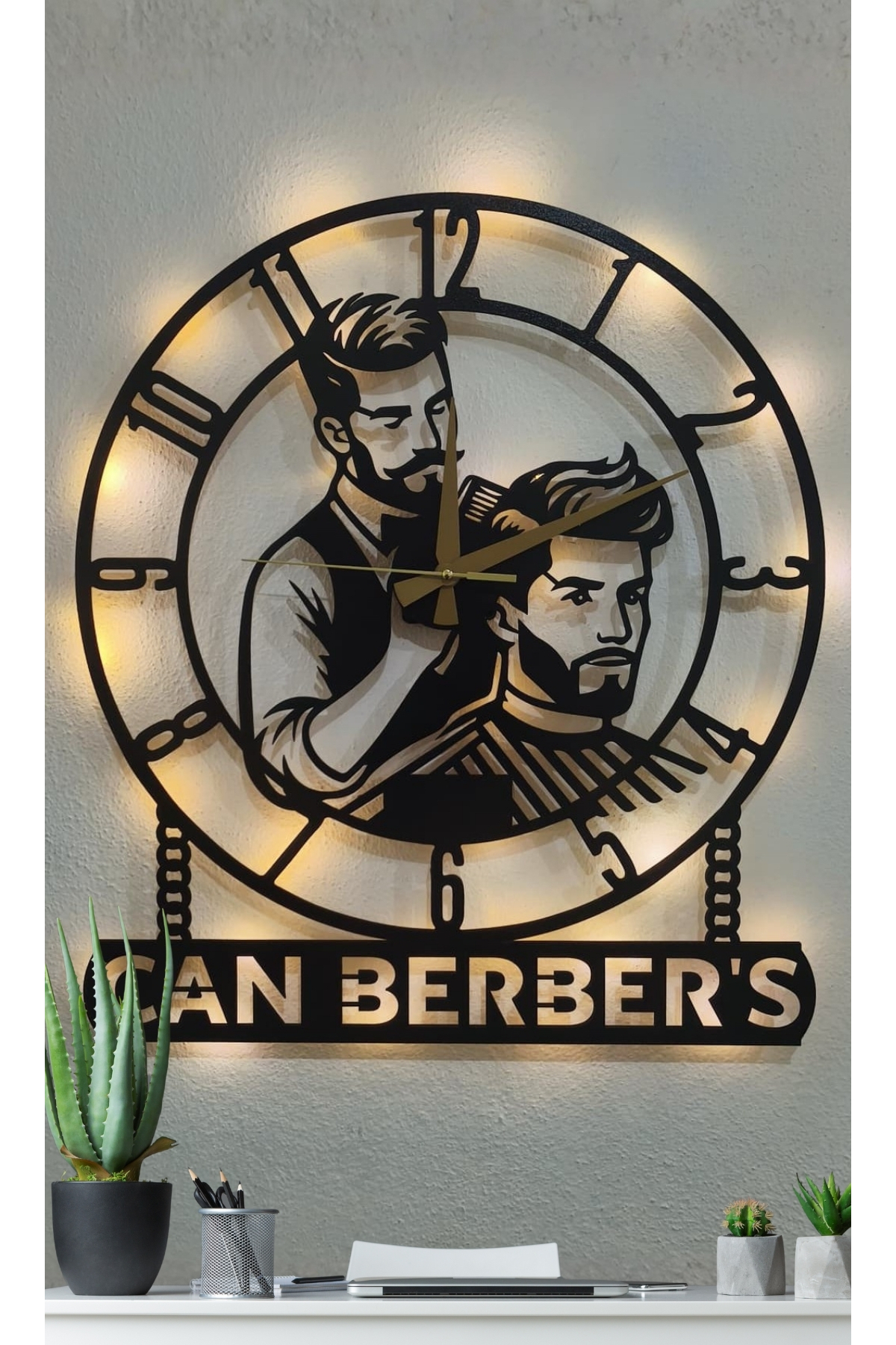 Barber Themed Name Writing Illuminated Wall Clock Hairdresser Decorative Modern Design